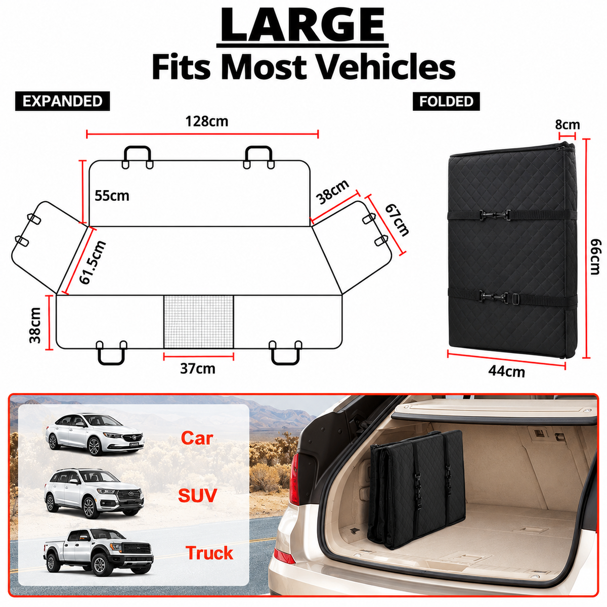 Large car trunk storage mat shown with dimension diagrams, folded and expanded measurements, and a photo of the mat inside a car trunk. Text reads 'LARGE Fits Most Vehicles' and labels expanded/folded dimensions.