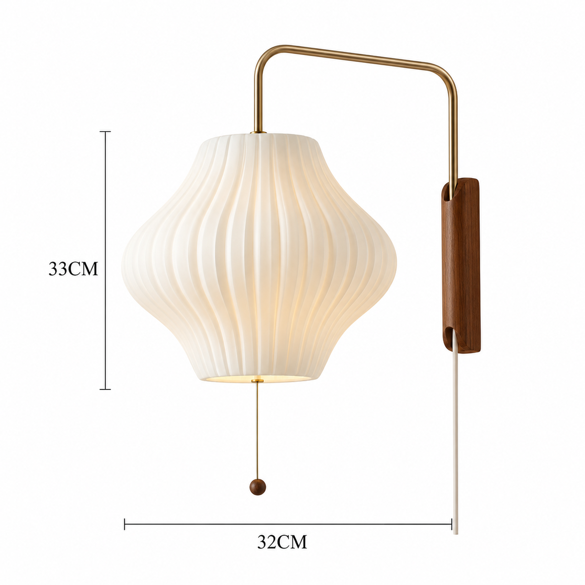 A wall-mounted light fixture with a ribbed white shade, a curved brass arm, a vertical wood-look side plate, and a hanging pull chain. Black dimension lines on a white background indicate 33 cm height and 32 cm width.