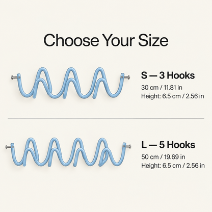 Size selection chart showing two blue spiral hook styles labeled S with 3 hooks (30 cm / 11.81 in, Height: 6.