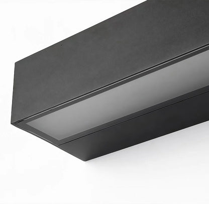 Rectangular black outdoor wall light fixture on a white background