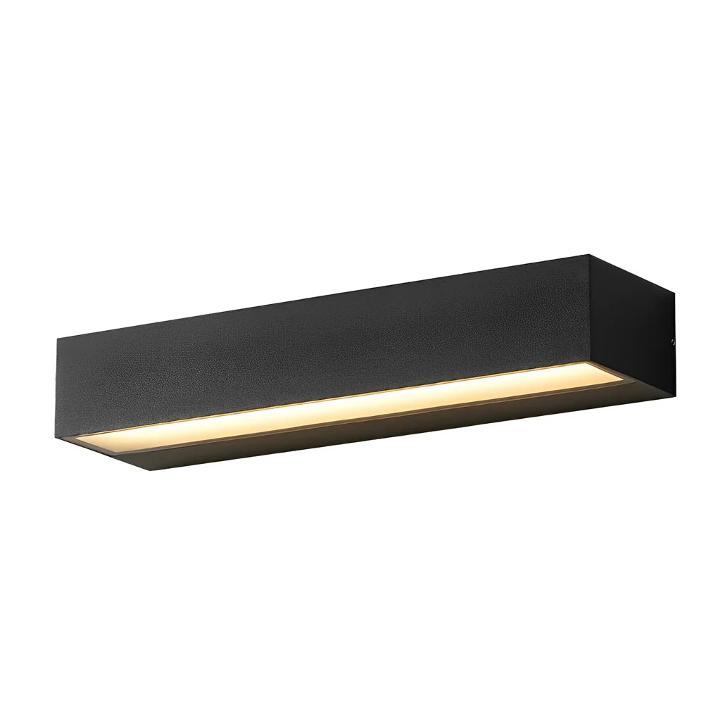 Black rectangular wall light fixture on a white background